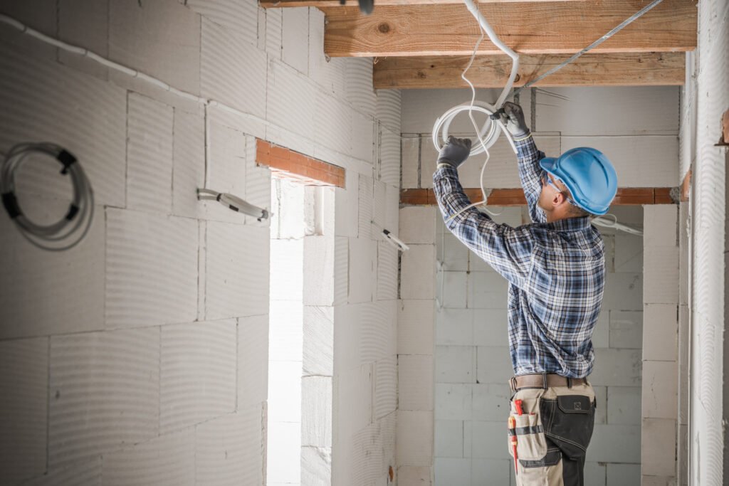 Elektriker installerer kabler til elinstallation i nybyggeri – Skriver’s El Teknik